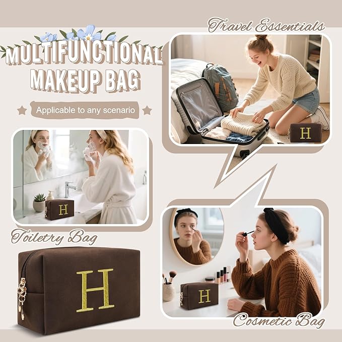 Personalized Initial Makeup Bag,Preppy Suede Cosmetic Bag for Teen Girls,Small Monogram Travel Toiletry Bag With Gold Embroidered Letter,Trendy Stuff Custom Christmas Gift for Women(Coffee-H)
