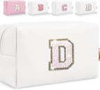 Small Personalized Glitter Initial Letter Makeup Bag, Cute PU Leather Chenille Letters Cosmetic Bag Travel Makeup Pouch, Preppy Travel Organizer Zipper Pouch for Women&Girls（White-D）
