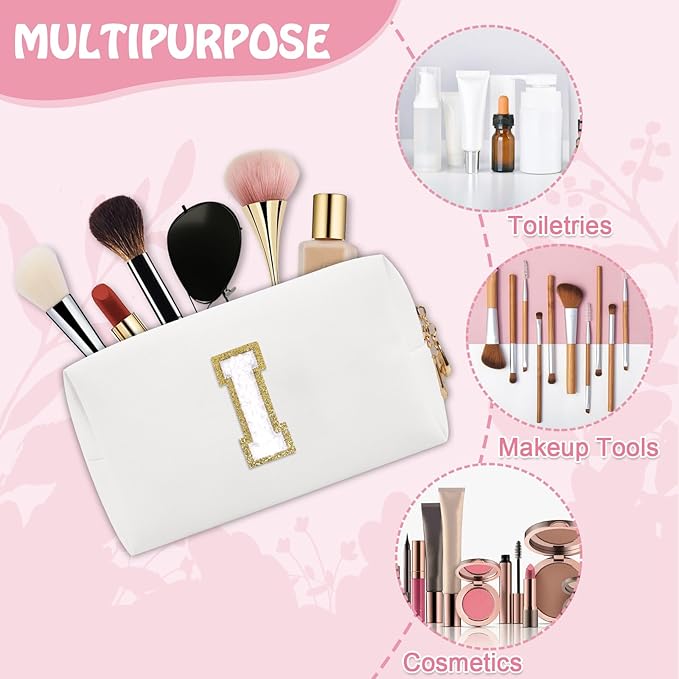 Personalized Small Travel Preppy Makeup Bag, Initial Cute Chenille Letter Cosmetic Organizer Toiletry Pouch, Waterproof Portable PU Monogram Makeup Case Gift for Women Girl Teacher Mom(Letter I)