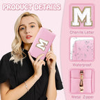Small Travel Initial Preppy Makeup Bag, Personalized Pink Cute Cosmetic Organizer Chenille Letter Travel Toiltery Zipper Pouch, Waterproof PU Leather Make Up Case Mothers Day Gifts for Mom(Letter M)