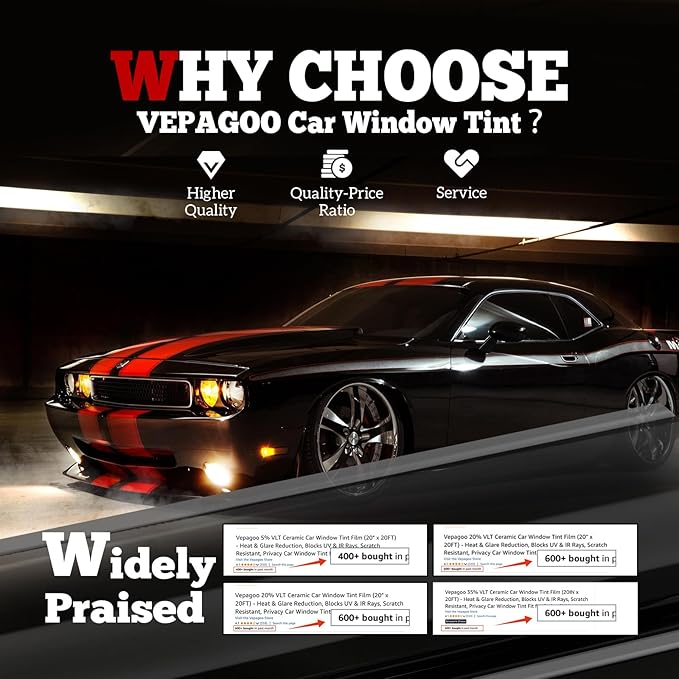 Vepagoo 15% VLT Ceramic Car Window Tint Film (36" x 100FT) - Heat & Glare Reduction, Blocks UV & IR Rays, Scratch Resistant, Privacy Car Window Tint Fit for SUV Pickup Trucks