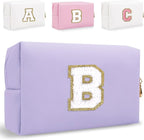 Small Personalized Letter Makeup Bag, Cute PU Leather Chenille Letters Cosmetic Bag Travel Makeup Pouch, Preppy Travel Organizer Zipper Pouch for Women&Girls（Purple-B）