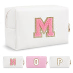 Personalized Makeup Bag Initial A-Z Preppy Patch Bag,Small PU Leather Travel Cosmetic Bag Pouch with Zipper,White Cute Toiletry Bag,Gift Ideal for Teen Girls Women Birthday Friend Mom,Letter M