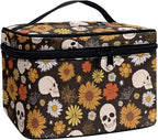 Gothic Skull Daisy Floral Pattern Travel Makeup Bag for Women Large Capacity Cosmetic Bags with Zipper and Handle Make Up Tote Bags Organizer Portable Toiletry Bags