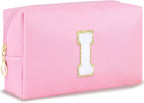 Initial Makeup Bag Personalized Preppy Travel Small Cosmetic Bag Cute PU Pink Chenille Letter Makeup Pouch for Purse Waterproof Zippered Toiletry Organizer for Women Girls Kids Friends (I)