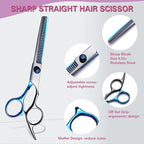 Hair Cutting Scissors Kit 11PCS, Professional Haircut Scissors with Japanese Stainless Steel Shears, Thinning Shears, Haircut Accessories in Leather Case for Salon/Home (Black - Blue)