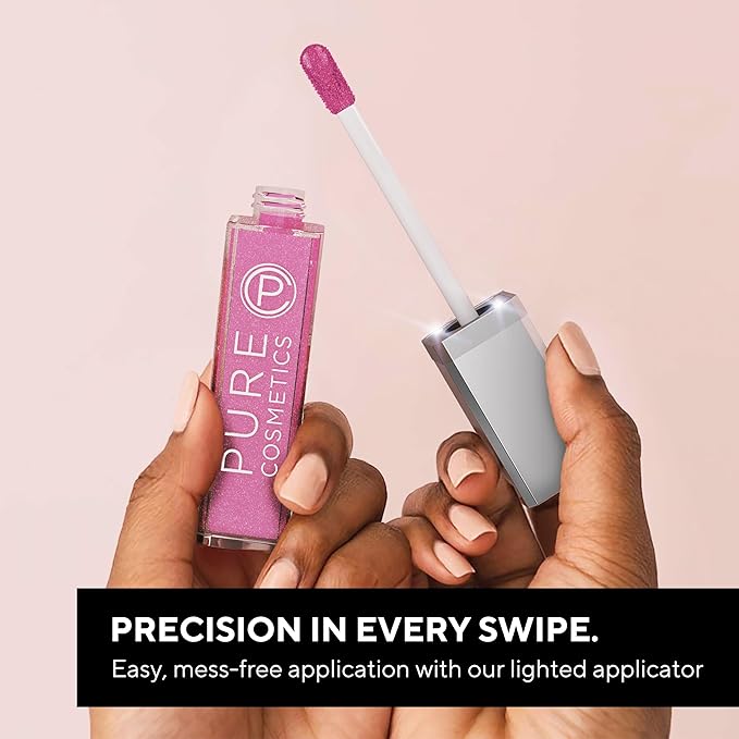 Pure Illumination Light-Up Lip Gloss with LED-Lit Applicator Brush + Side Mirror, Non-Sticky, Moisturizing Hydrating Lip Glosses with Lanolin, Jojoba Oil, & Vitamin E, Shimmer