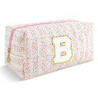 Personalized Quilted Cosmetic Bag, Puffy Monogrammed Christmas Birthday Gifts for Women & Girls, Cute initial Floral Makeup Bag Puffer Coquette Bag, Aesthetic Travel Toiletry Zipper Pouch(Pink,B)