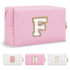 Personalized Initial A-Z Preppy Patch Makeup Bag,Small PU Chenille Letter Cosmetic Bag with Zipper for Teen Girls,Pink Cute Toiletry Organizer Bag,Monogram Makeup Case Gift for Women Girls,Letter F