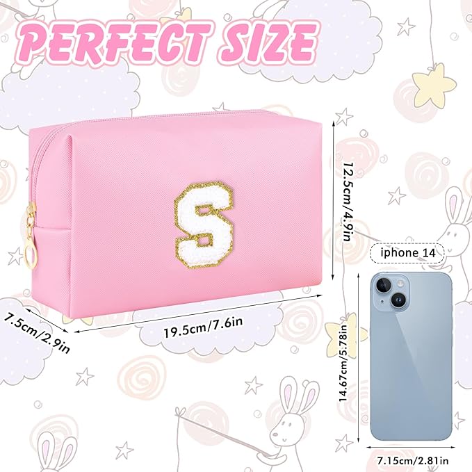 Patch Makeup Bag Travel Small Cosmetic Bag Pink PU Makeup Pouch Zippered Personalized Preppy Initial Skin Care Stuff Bag for Women Birthday Gift Teen Girl Gifts Trendy Stuff(S)