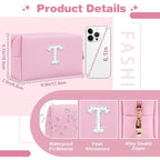 ChaoGreat Bride Gifts – Personalized Initial Makeup Bag with Pearl Rhinestone Patch, Preppy Pink Monogram Cosmetic/Toiletry Pouch, bridesmaid Gifts, Bridal Shower Gifts, Wedding Gifts, Bridal Gifts,T