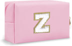 Small Initial Preppy Makeup Bag, Personalized Cute Pink Cosmetic Organizer Chenille Letter Travel Toiletry Zipper Pouch, Waterproof PU Make Up Case Birthday Gifts for Women Best Friend Mom(Letter Z)