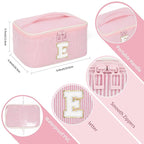OCHEAL Makeup Bag for Women, Monogram Cosmetic Bag with Brush Holder, Pink Travel Makeup Case Beauty Toiletry Bag Organizer Personalized Gifts for Girls Bridesmaid, Sister, Wife, Friends Initial E