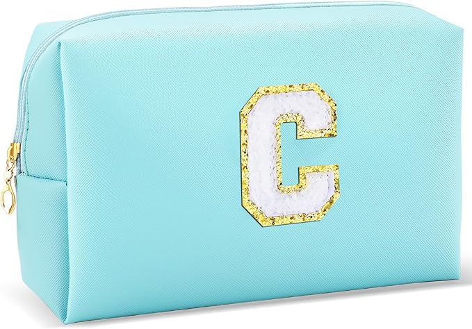 Gifts for Girls Initial Makeup Bag Personalized Cosmetic Bag with Zipper Cute Travel Toiletry Bag Waterproof PU Preppy Makeup Pouch Birthday Gift for Teen Girls Women(Blue C)