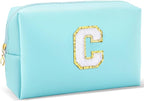 Gifts for Girls Initial Makeup Bag Personalized Cosmetic Bag with Zipper Cute Travel Toiletry Bag Waterproof PU Preppy Makeup Pouch Birthday Gift for Teen Girls Women(Blue C)