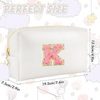 Initial Makeup Bag Personalized Preppy Travel Small Cosmetic Bag Cute PU White Chenille Letter Makeup Pouch for Purse Waterproof Zippered Toiletry Organizer for Women Girls Kids Friends (K)