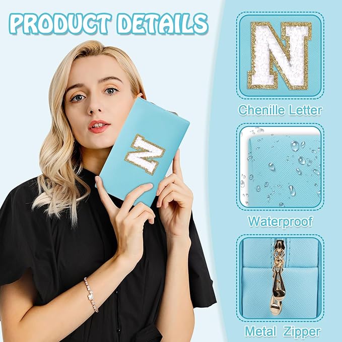 Chenille Letter Personalized Initial Preppy Makeup Bag, Small Cute Blue Cosmetic Zipper Pouch Travel Toiletry Bags, Waterproof PU Monogram Make Up Organizer Gifts for Nurse Nieces Teacher(Letter N)