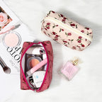 SOIDRAM 2 Pieces Makeup Bag Floral Cosmetic Bag Purple Blue Makeup Pouch Travel Toiletry Bag Organizer Cute Makeup Brushes Storage Bag for Women, White&Pink Rose