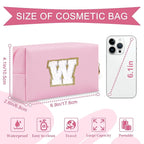 Personalized Initial A-Z Preppy Patch Makeup Bag,Small PU Chenille Letter Cosmetic Bag with Zipper for Teen Girls,Pink Cute Toiletry Organizer Bag,Monogram Makeup Case Gift for Women Girls,Letter W
