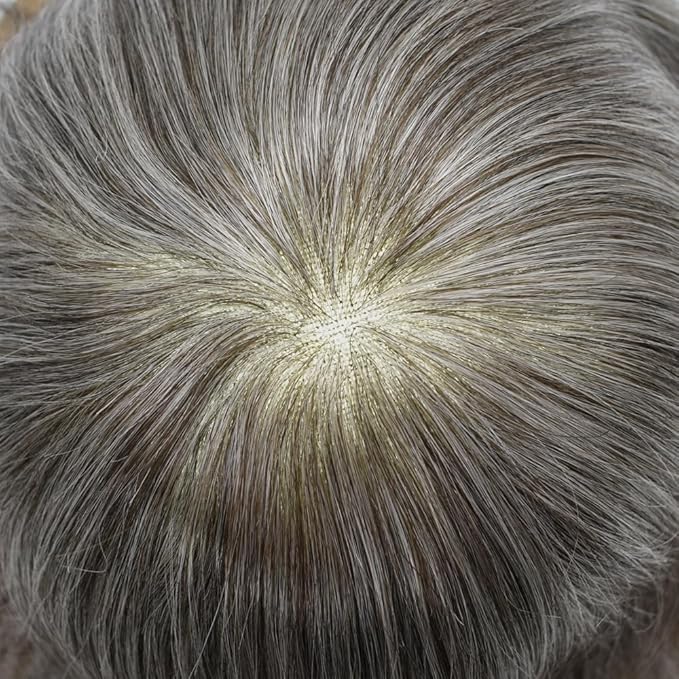 FACE MIRACLE Toupee for Men French Lace Hairpiece Human Hair Replacement System Skin PU Mens Toupee Hair Wigs for Man V-Looped Front Hair Prosthesis 6"X9" #460 Medium Brown with 60% Gray