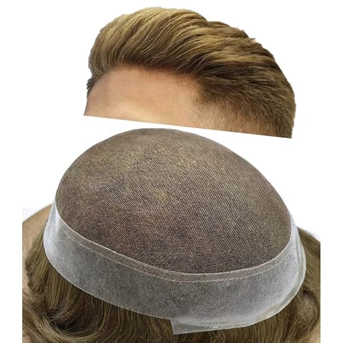 FACE MIRACLE Hair System for Men French Lace Mens Toupee Human Hair Replacement System Lace with PU Toupee for Men Male Hair Piece Wigs 6"X8" 7# VERY LIGHT BROWN
