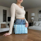 Puffer Quilted Makeup Bag Travel Cosmetic Bag Portable Puffy Checkered Toiletry Pouch Skincare Organizer Purse Pencil Case (Light Blue)