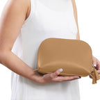 Leatherology Camel Clamshell Makeup Bag – Leather Cosmetic Bag with Waterproof Lining, Interior Zip Pocket & Double Tassel Zip Closure for Travel or Vanity Organization