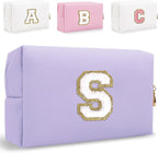 Small Personalized Letter Makeup Bag, Cute PU Leather Chenille Letters Cosmetic Bag Travel Makeup Pouch, Preppy Travel Organizer Zipper Pouch for Women&Girls（Purple-S）