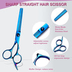 Hair Cutting Scissors Kit 11PCS, Professional Haircut Scissors with Japanese Stainless Steel Shears, Thinning Shears, Haircut Accessories in Leather Case for Salon/Home (Blue)