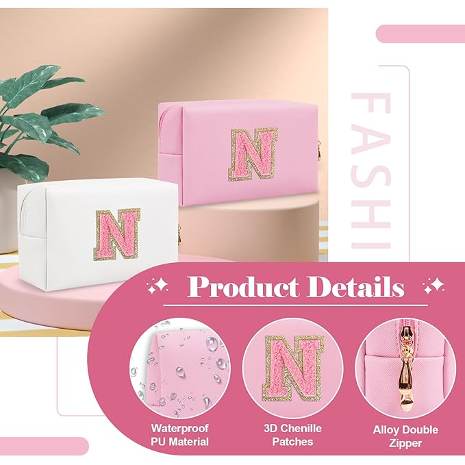 Personalized Initial A-Z Preppy Patch Makeup Bag,Small PU Leather Chenille Letter Cosmetic Bag with Zipper for Teen Girls,Pink Cute Travel Toiletry Bag,Birthday Monogrammed Gift for Daughter,Letter V