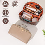 Makeup Bag, Travel Toiletry Bag for Women, Large Capacity Waterproof PU Leather Cosmetic Bags Make Up Organizer Bags with Headband and Wristband Set (Light Brown, Lychee)