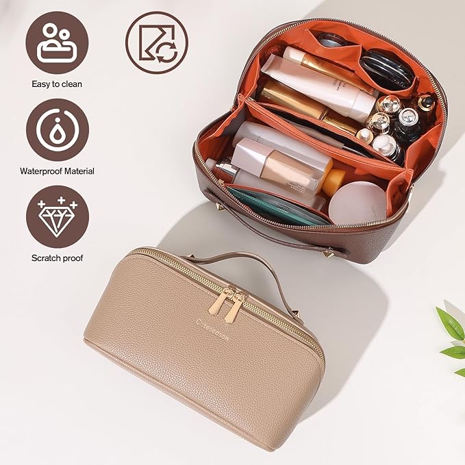 Makeup Bag, Travel Toiletry Bag for Women, Large Capacity Waterproof PU Leather Cosmetic Bags Make Up Organizer Bags with Headband and Wristband Set (Pink, Lychee Pattern)
