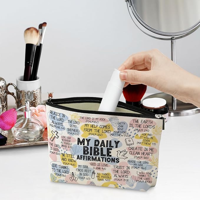 Daily Affirmations for Women Scripture Bible Verse Makeup Bag Faith Christian Gifts for Women Mental Health Gifts for Female Sister Friend Coworker Birthday Friendship Mothers Day Travel Toiletry Bag
