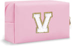Personalized Initial Preppy Patch Makeup Bag, Travel Toiletry Zipper Pouch Cute Pink Cosmetic Organizer Small Makeup Bag for Purse, PU Leather Make Up Storage Valentines Day Gift for Women(Letter V)