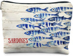 Vintage Sardine Fish Makeup Bag, Ocean Beach Lovers Gifts Cosmetic Bags for Women, Gifts for Fishing Lovers, Retro Nautical Beach Zipper Makeup Pouch
