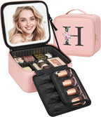 Relavel Initial Makeup Bag with LED Mirror for Women Girls, Personalized Travel Cosmetic Organizer Train Case, Birthday Gifts for Grandkids Bridesmaid Graduation Teacher Friends, Trendy Stuff, Pink H