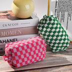 SOIDRAM 2 Pieces Makeup Bag Pouch Checkered Cosmetic Bag Pink Green, Travel Toiletry Bag Organizer Cute Makeup Brushes Storage Bag for Women