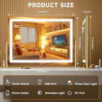 Hasipu Vanity Mirror with Lights, 28" x 20" LED Makeup Mirror, Light up Mirror with 10X Magnification and Phone Holder, USB Charging Port, Smart Touch 3 Colors Dimmable, 360° Rotation (Gold)