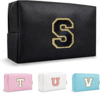 Small Travel Initial Preppy Makeup Bag, Cute Black Cosmetic Organizer Toiletry Zipper Pouch Make Up Bag for Purse, Waterproof Chenille Letter Make Up Storage Personalized Gift for Sister Mom(Letter S)