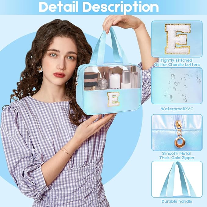 Personalized Initial S Clear Blue Makeup Bag - Large Travel Toiletry Bag, Cute Cosmetic Organizer Set for Girlfriend, Teacher, Teen Girl Gifts