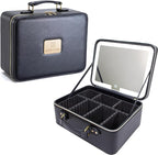 Travle Makeup Bag with LED Mirror, Portable Makeup Artist Organizer Case with Lighted Mirror, Makeup Bag with Adjustable Dividers, Cosmetic Brush Storage Box for Women Gift