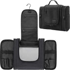 Hanging Toiletry Bag for Men and Women, Travel Makeup with Metal Swivel Hook, Large Organizer for Full Sized Cosmetics and Toiletries, Water-Resistant Nylon, Black