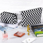ZLFSRQ 2Pcs Checkered Makeup Bag for Women Large Small Checkered Cosmetic Bag Set Aesthetic Preppy Pencil Case Cute Pencil Pouch Black Makeup Pouch for Purse Travel Toiletry Bags Zipper Skincare Bags