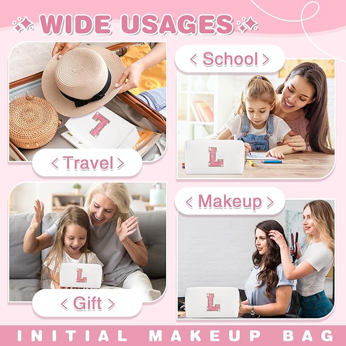 Small Initial Patch Makeup Bag Personalized Gifts Make Up Bag,White Cute PU Leather Glitter Letter Cosmetic Bag with Zipper,Trendy Portable Travel Toiletry Pouch,Preppy Stuff for Teen Girls Women L