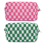 SOIDRAM 2 Pieces Makeup Bag Pouch Checkered Cosmetic Bag Pink Green, Travel Toiletry Bag Organizer Cute Makeup Brushes Storage Bag for Women