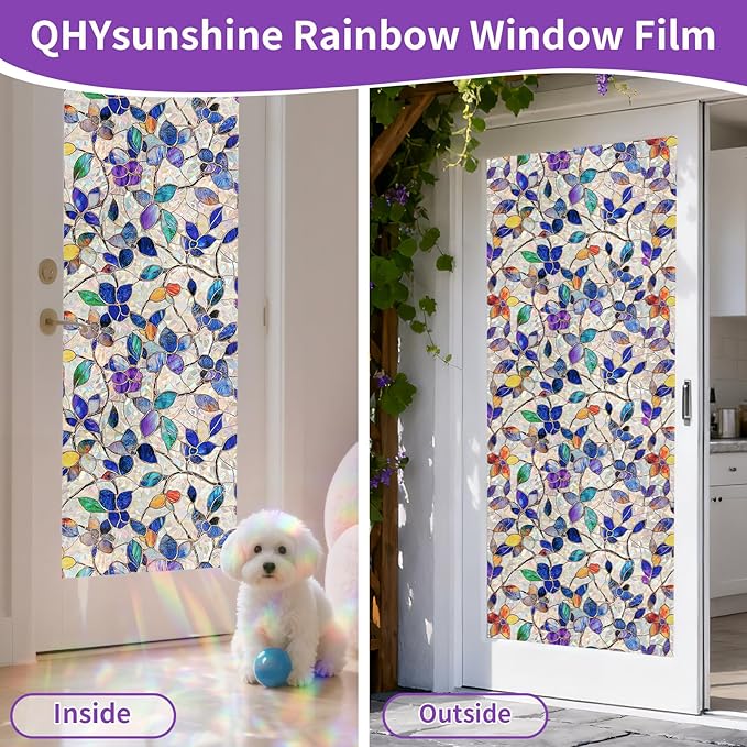 Stained Glass Window Privacy FilmDecorative Rainbow Static Clings -ldeal for Home &Office,Adhesive-Free,Removable, Uv-Blocking (Purple Rainbow, 45.2 X 78.7 in)