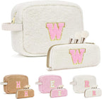 for Christmas Day Gifts, Travel Makeup Bag for Women, Initial Make Up Bag Set for 6 7 8 9 10 11 12 13 Years Old Kids Tween Girls, Large Cosmetic Skincare Bags for Birthday Gifts, White W