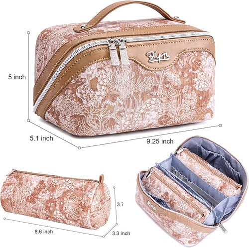 BOYATU Travel Makeup Bag for Women: Large Capacity Make up Bag with Compartments - Vegan Leather Cosmetic Bag set of 3 - Waterproof Toiletry Bag with Handle & Divider(E-5-Orange)