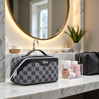 BOYATU Travel Makeup Bag for Women: Large Cosmetic Bag Set of 3 - PU Leather Make up Bag with Compartments - Compact Waterproof Toiletry Bag with Divider & Handle (D-2-Black)