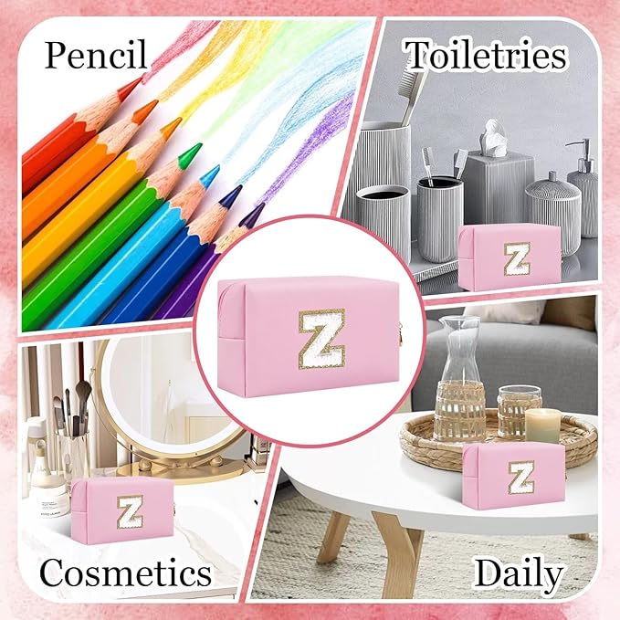 Small Personalized Letter Makeup Bag, Cute PU Leather Chenille Letters Cosmetic Bag Travel Makeup Pouch, Preppy Travel Organizer Zipper Pouch for Women&Girls（Pink-Z）